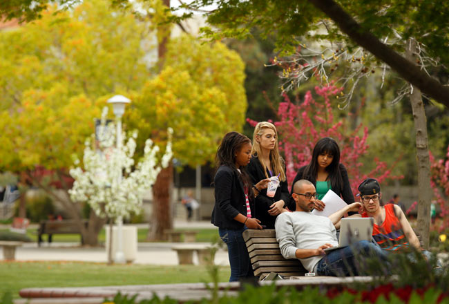 People Sitting on a Campus Bench