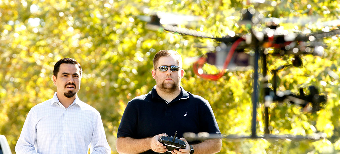 Flying drone on farm